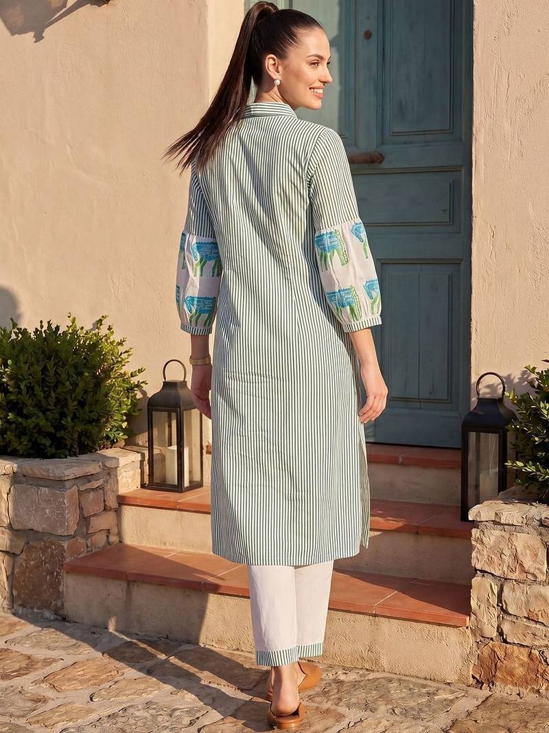 Women Striped Regular Pure Cotton Kurta with Trousers