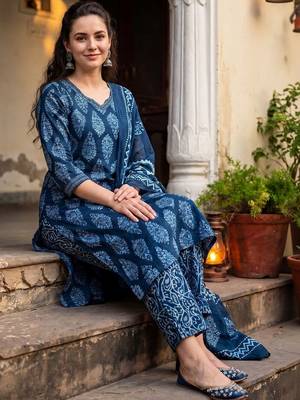 Women Ethnic Motifs Printed Regular Pure Cotton Kurta with Trousers & With Dupatta 1