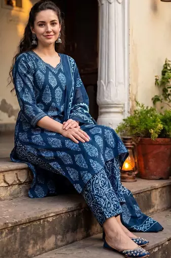 Women Ethnic Motifs Printed Regular Pure Cotton Kurta with Trousers & With Dupatta