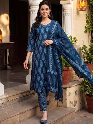 Women Ethnic Motifs Printed Regular Pure Cotton Kurta with Trousers & With Dupatta 3
