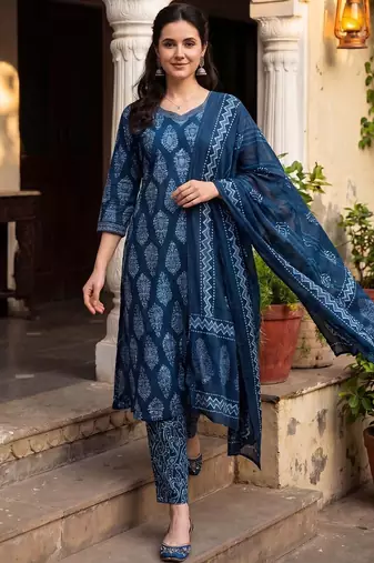 Women Ethnic Motifs Printed Regular Pure Cotton Kurta with Trousers & With Dupatta