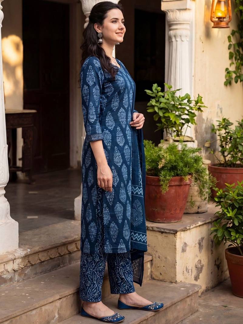 Women Ethnic Motifs Printed Regular Pure Cotton Kurta with Trousers & With Dupatta