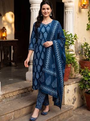 Women Ethnic Motifs Printed Regular Pure Cotton Kurta with Trousers & With Dupatta 5