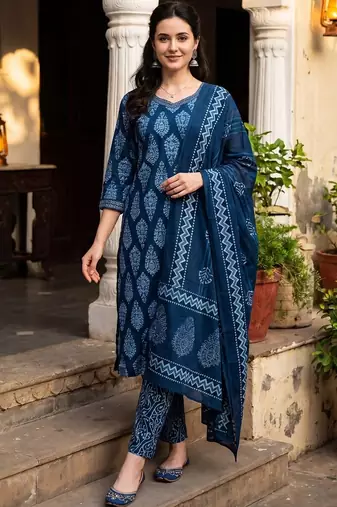 Women Ethnic Motifs Printed Regular Pure Cotton Kurta with Trousers & With Dupatta