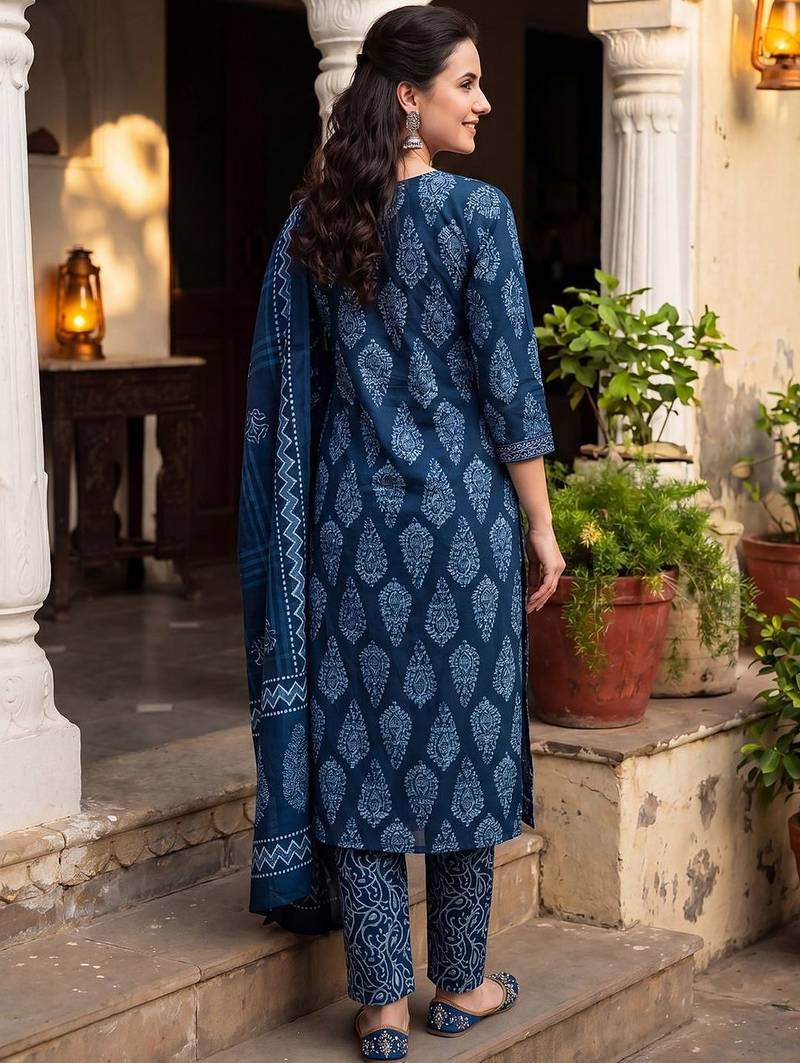 Women Ethnic Motifs Printed Regular Pure Cotton Kurta with Trousers & With Dupatta