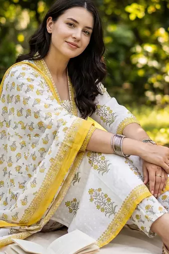 Women Floral Printed Regular Pure Cotton Kurta with Trousers & With Dupatta