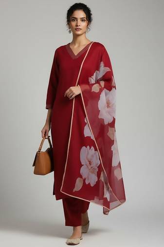 Women Floral Regular Thread Work Kurta with Trousers & With Dupatta