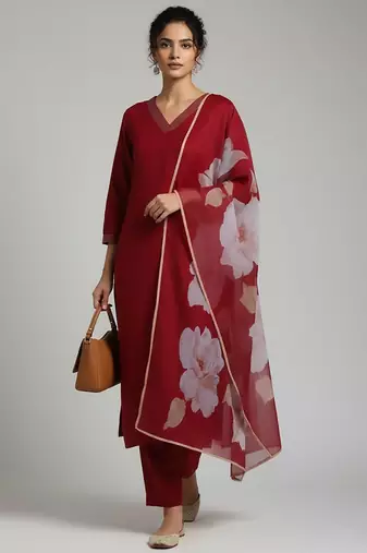 Women Floral Regular Thread Work Kurta with Trousers & With Dupatta