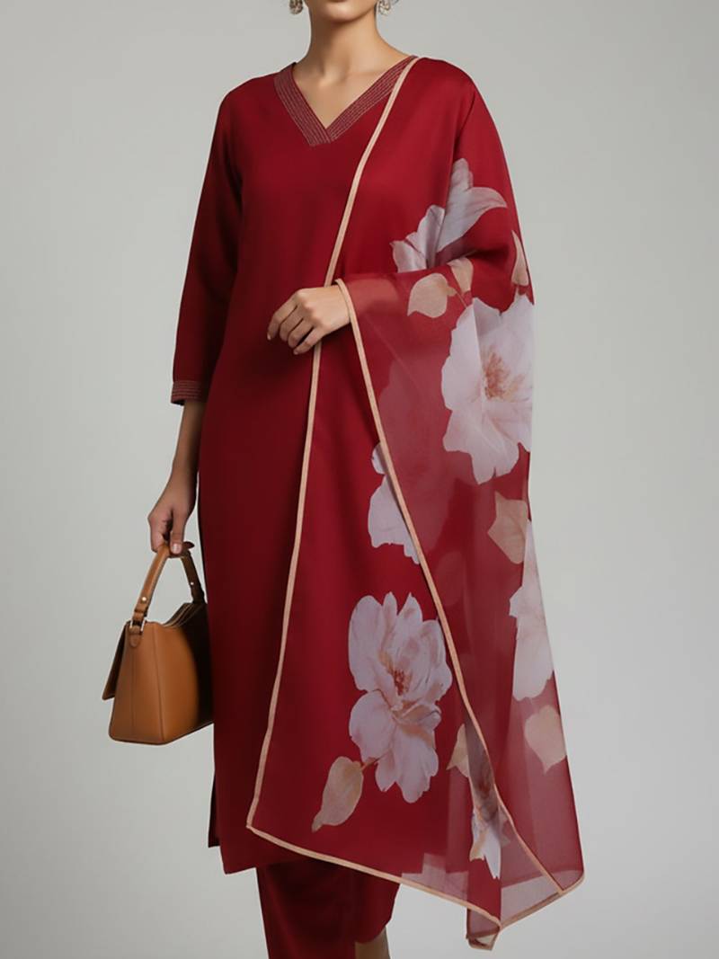 Women Floral Regular Thread Work Kurta with Trousers & With Dupatta