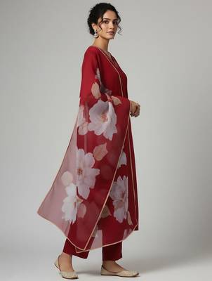 Women Floral Regular Thread Work Kurta with Trousers & With Dupatta 3