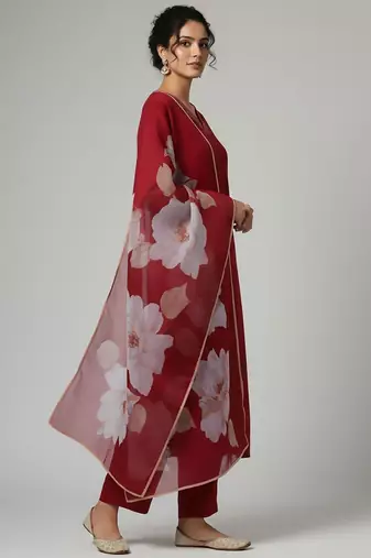 Women Floral Regular Thread Work Kurta with Trousers & With Dupatta