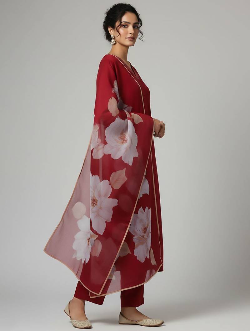 Women Floral Regular Thread Work Kurta with Trousers & With Dupatta