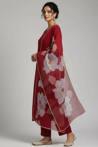 Women Floral Regular Thread Work Kurta with Trousers & With Dupatta