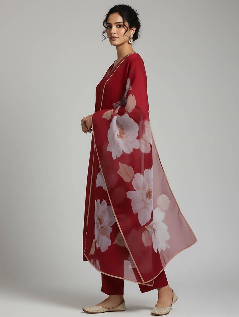 Women Floral Regular Thread Work Kurta with Trousers & With Dupatta