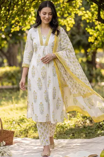 Women Floral Printed Regular Pure Cotton Kurta with Trousers & With Dupatta