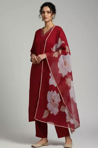 Women Floral Regular Thread Work Kurta with Trousers & With Dupatta