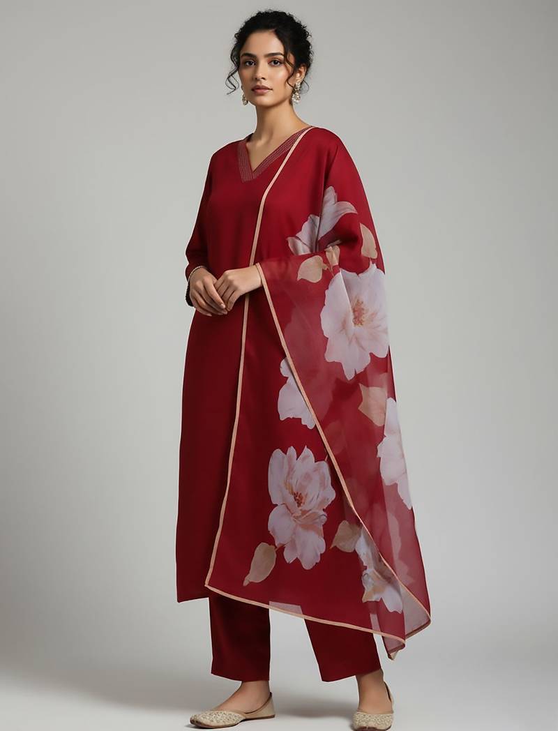 Women Floral Regular Thread Work Kurta with Trousers & With Dupatta