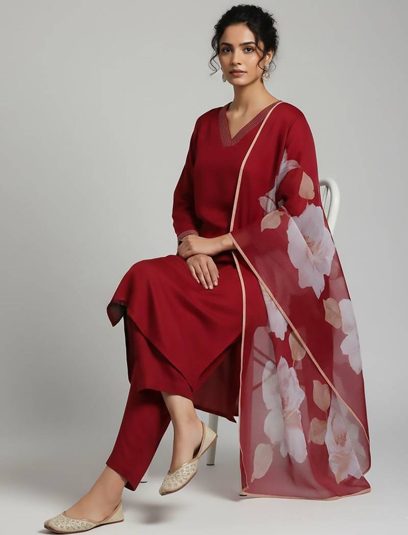 Women Floral Regular Thread Work Kurta with Trousers & With Dupatta