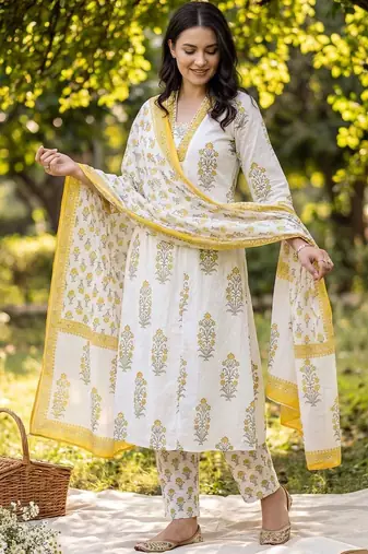 Women Floral Printed Regular Pure Cotton Kurta with Trousers & With Dupatta