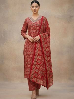 Women Ethnic Motifs Printed Regular Thread Work Pure Cotton Kurta with Trousers & With Dupatta 1