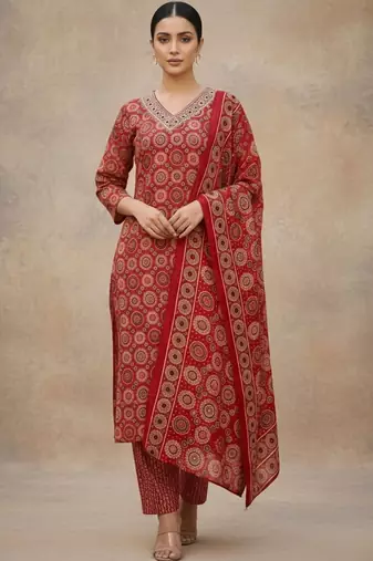 Women Ethnic Motifs Printed Regular Thread Work Pure Cotton Kurta with Trousers & With Dupatta