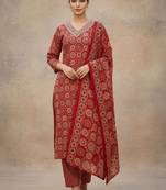 Women Ethnic Motifs Printed Regular Thread Work Pure Cotton Kurta with Trousers & With Dupatta