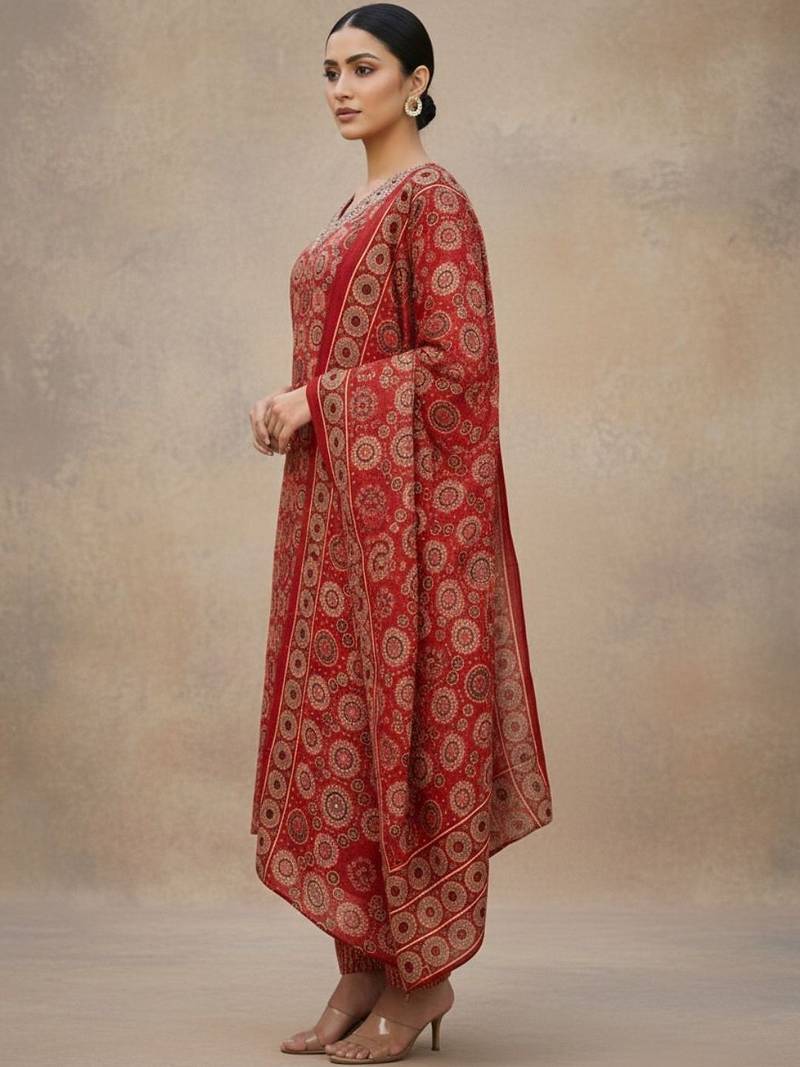 Women Ethnic Motifs Printed Regular Thread Work Pure Cotton Kurta with Trousers & With Dupatta