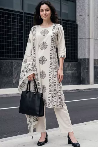 Women Ethnic Motifs Printed Regular Pure Cotton Kurta with Trousers & With Dupatta