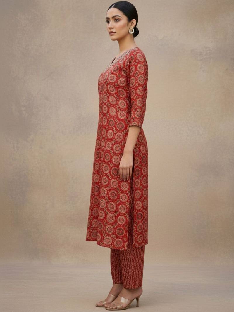 Women Ethnic Motifs Printed Regular Thread Work Pure Cotton Kurta with Trousers & With Dupatta