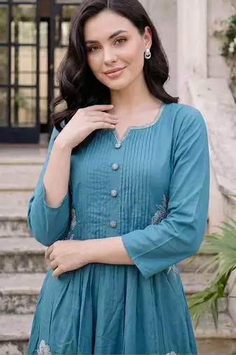 Women Floral Embroidered Pleated Thread Work Pure Cotton Kurta with Trousers