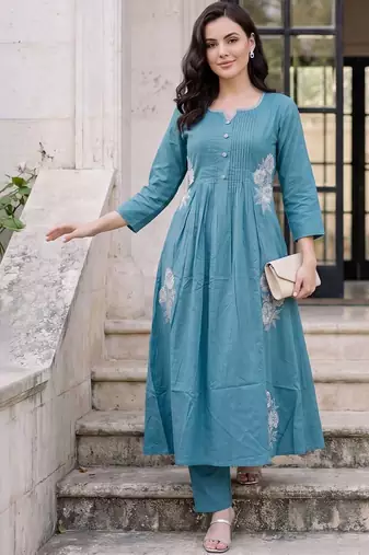Women Floral Embroidered Pleated Thread Work Pure Cotton Kurta with Trousers