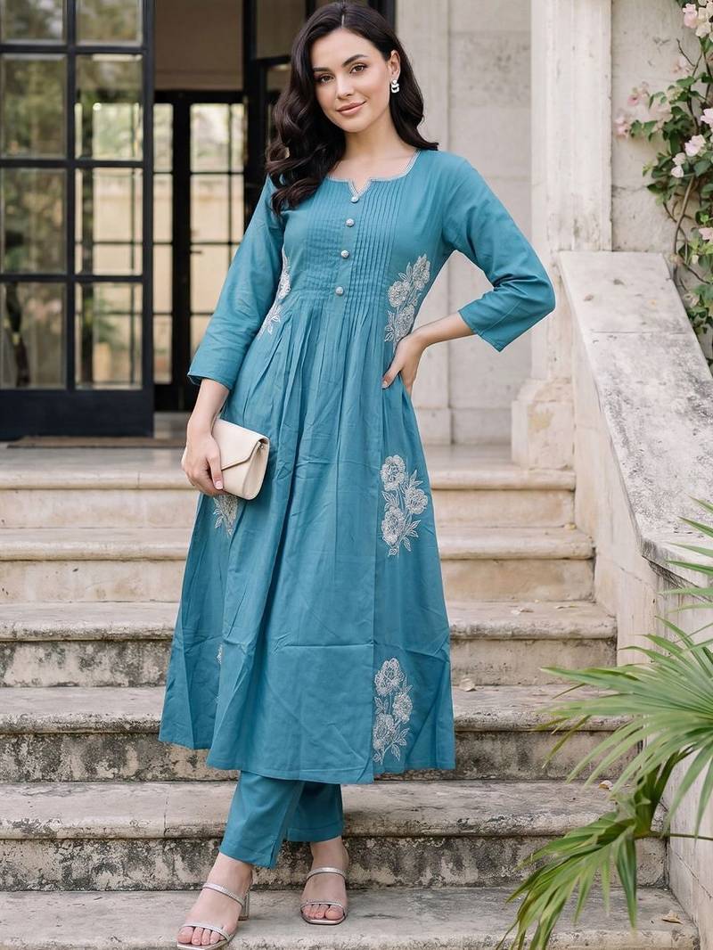 Women Floral Embroidered Pleated Thread Work Pure Cotton Kurta with Trousers
