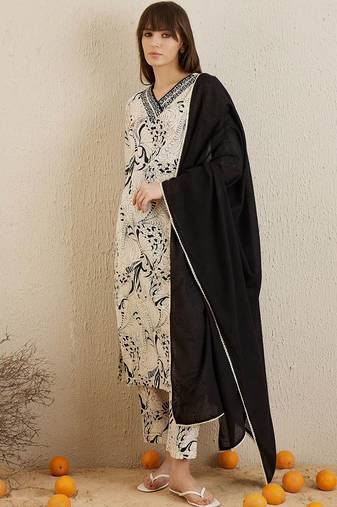 Printed Regular Mirror Work Pure Cotton Kurta with Trousers & Dupatta