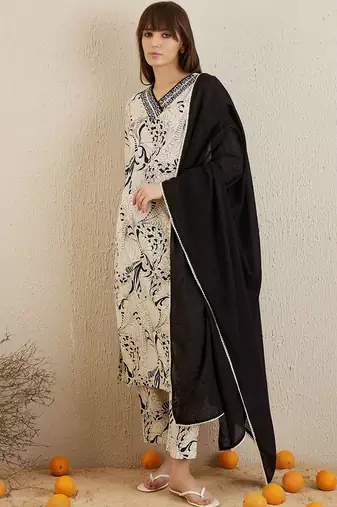 Printed Regular Mirror Work Pure Cotton Kurta with Trousers & Dupatta