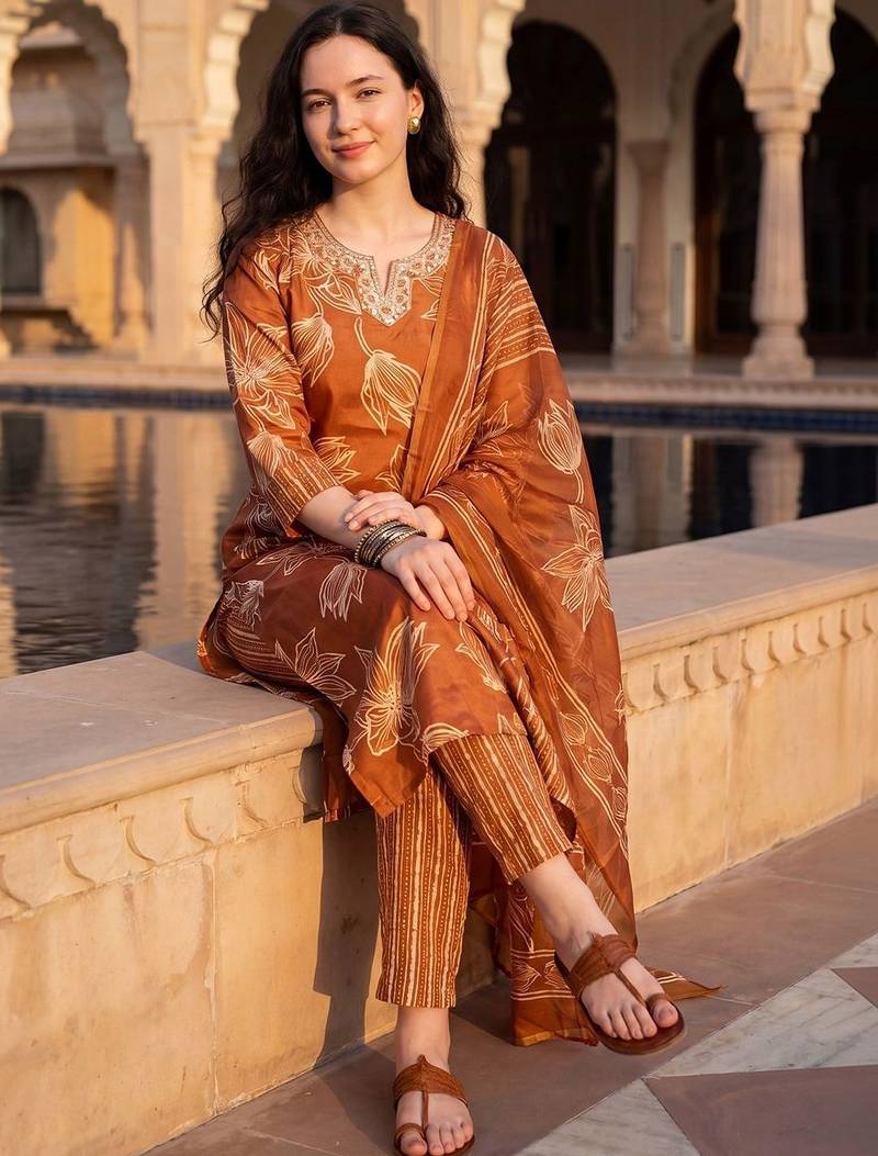 Women Floral Printed Regular Thread Work Kurta with Trousers & With Dupatta