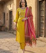 Women Yoke Design Regular Gotta Patti Pure Cotton Kurta with Trousers & With Dupatta