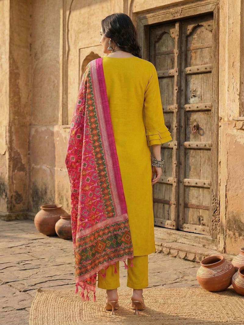 Women Yoke Design Regular Gotta Patti Pure Cotton Kurta with Trousers & With Dupatta