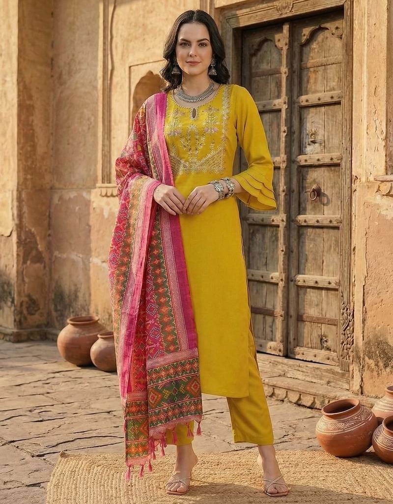 Women Yoke Design Regular Gotta Patti Pure Cotton Kurta with Trousers & With Dupatta