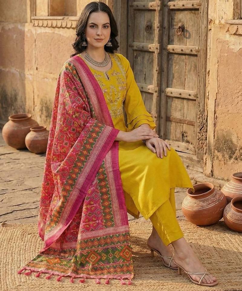 Women Yoke Design Regular Gotta Patti Pure Cotton Kurta with Trousers & With Dupatta