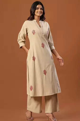 Women Ethnic Motifs Embroidered Regular Thread Work Pure Cotton Kurta with Palazzos