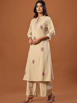 Women Ethnic Motifs Embroidered Regular Thread Work Pure Cotton Kurta with Palazzos 2