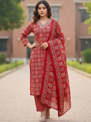 Women Ethnic Motifs Printed Regular Thread Work Pure Cotton Kurta with Trousers & With Dupatta 1