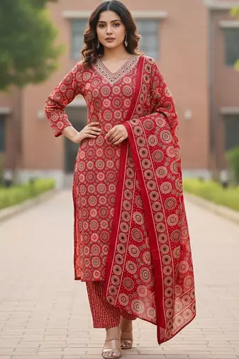 Women Ethnic Motifs Printed Regular Thread Work Pure Cotton Kurta with Trousers & With Dupatta