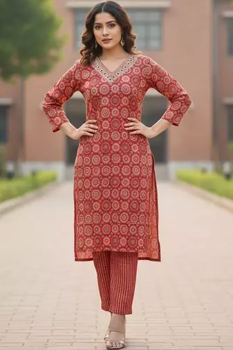 Women Ethnic Motifs Printed Regular Thread Work Pure Cotton Kurta with Trousers & With Dupatta