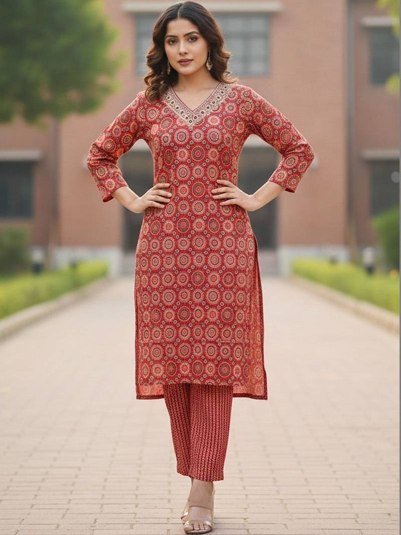 Women Ethnic Motifs Printed Regular Thread Work Pure Cotton Kurta with Trousers & With Dupatta