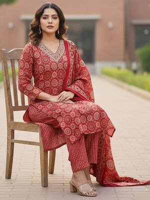 Women Ethnic Motifs Printed Regular Thread Work Pure Cotton Kurta with Trousers & With Dupatta 5