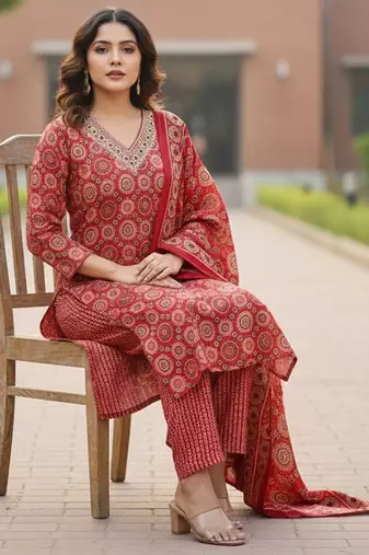 Women Ethnic Motifs Printed Regular Thread Work Pure Cotton Kurta with Trousers & With Dupatta