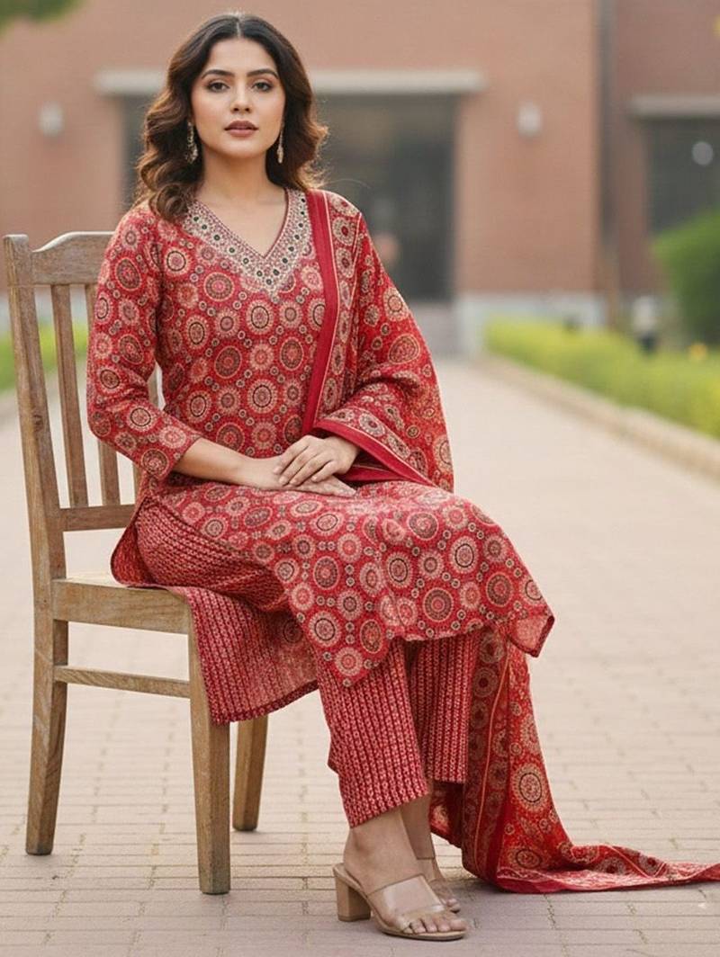 Women Ethnic Motifs Printed Regular Thread Work Pure Cotton Kurta with Trousers & With Dupatta