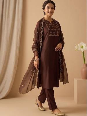 Women Ethnic Motifs Embroidered Regular Thread Work Kurta with Trousers & With Dupatta 1