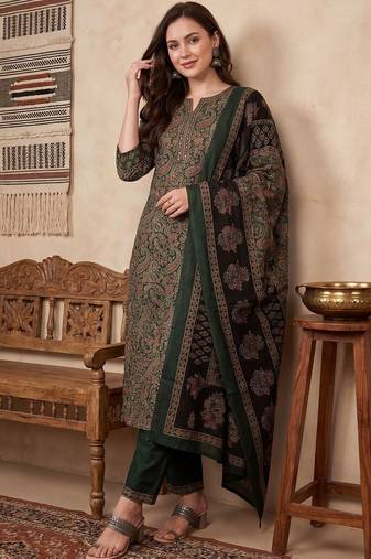 Women Ethnic Motifs Printed Regular Thread Work Pure Cotton Kurta with Trousers & With Dupatta